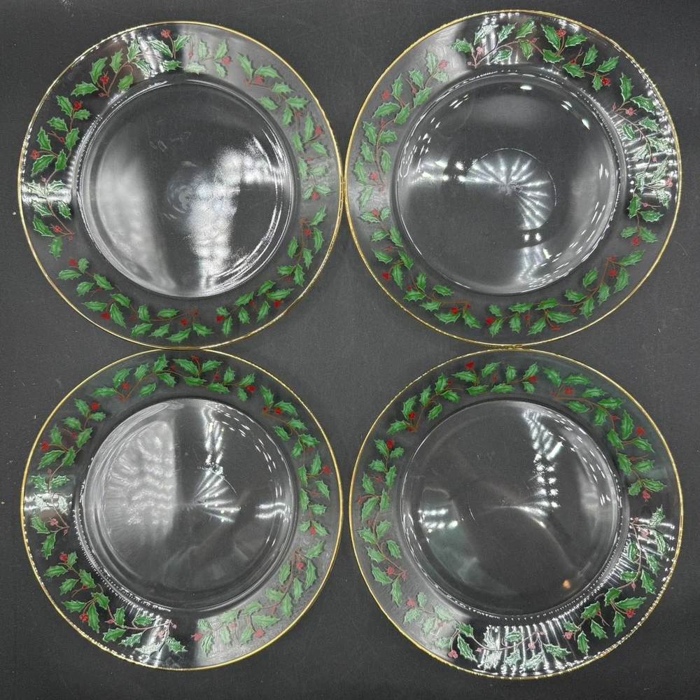 Vintage Lenox Holiday Salad Plates Set of 4 Clear Glass 8in Holly Berry Trad - Picture 5 of 6